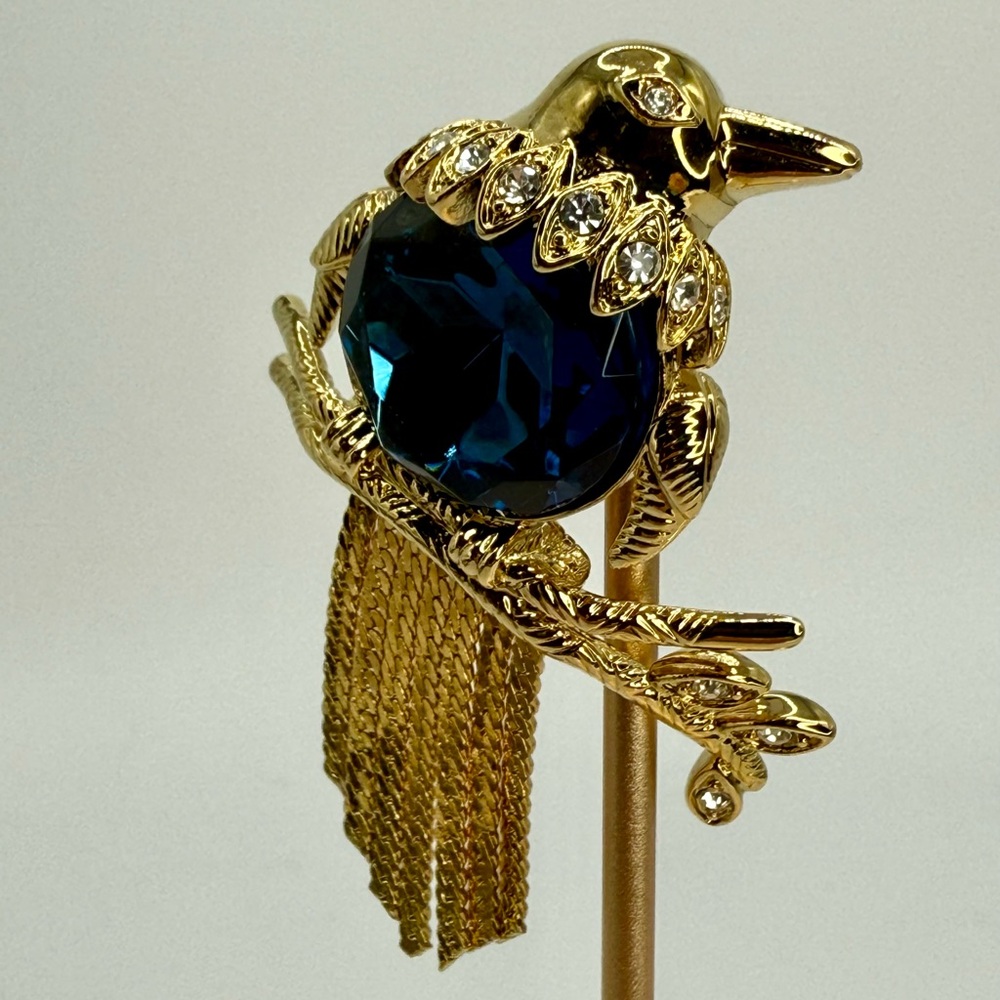 Rare Vintage Kenneth Jay Lane Bird Brooch – 1990s Signed KJL Blue Crystal Gold - Picture 17 of 17